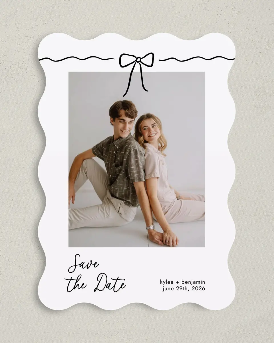 This is a 5" x 7" Save the Date Card called Bows and Bliss printed in full color on Premium Smooth paper