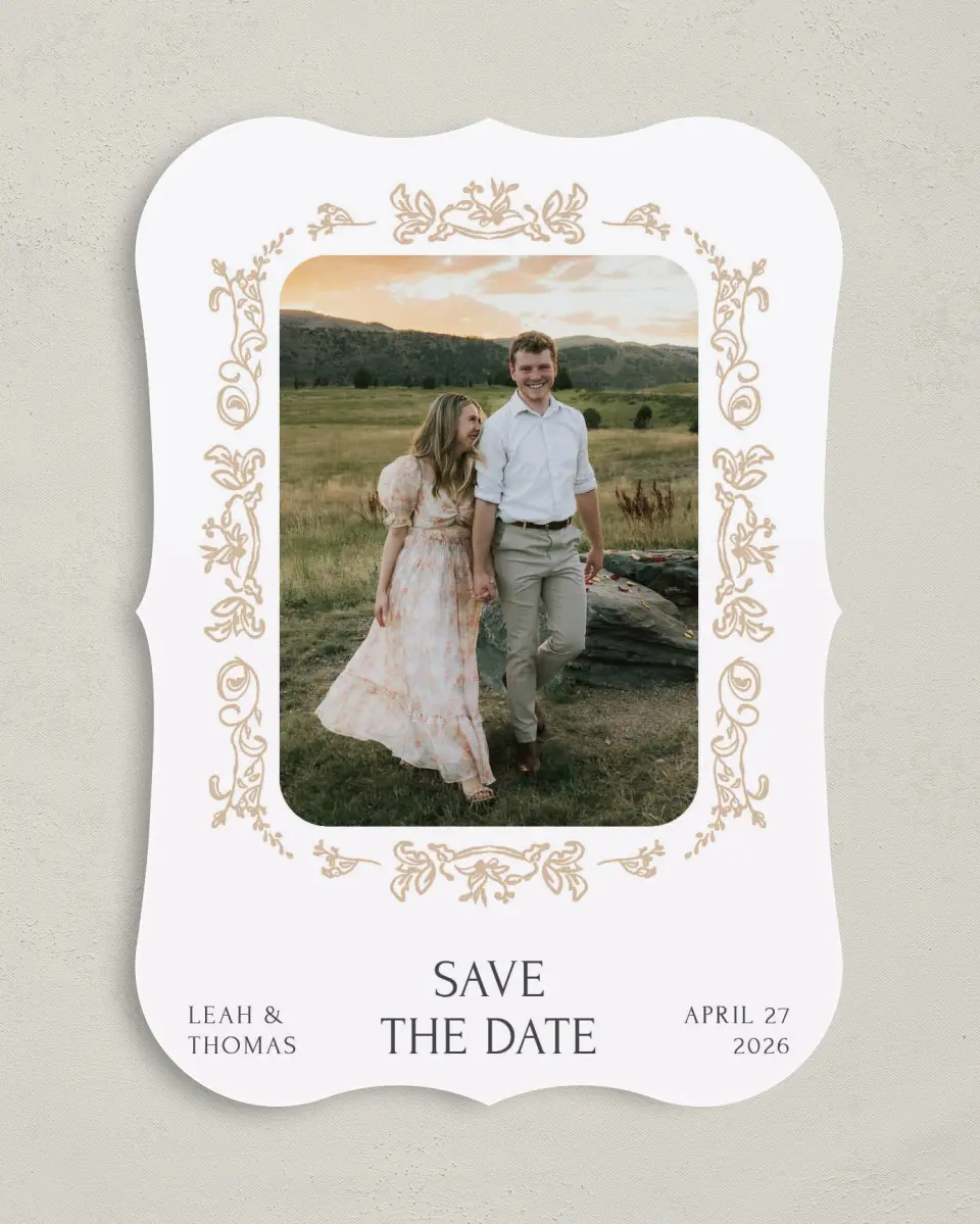 This is a 5" x 7" Save the Date Card called Tranquil Trail printed in full color on Premium Smooth paper