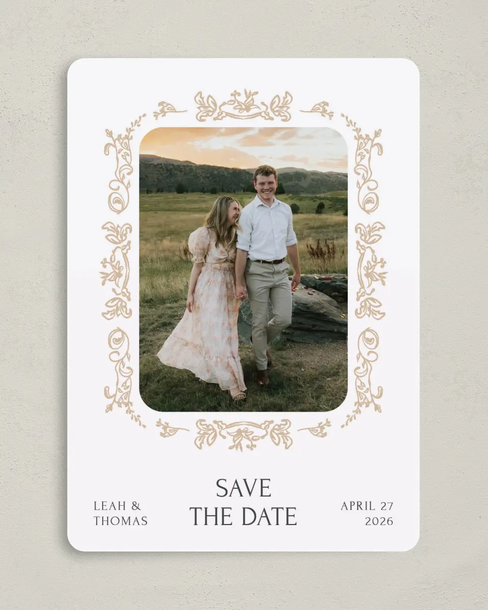 This is a 5" x 7" Save the Date Card called Tranquil Trail printed in full color on Premium Smooth paper