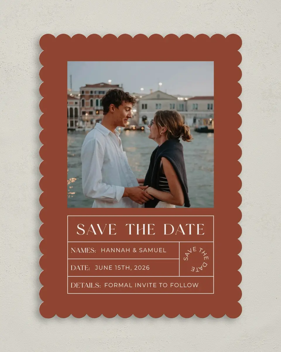 This is a 5" x 7" Save the Date Card called Sienna Sunset printed in full color on Premium Smooth paper
