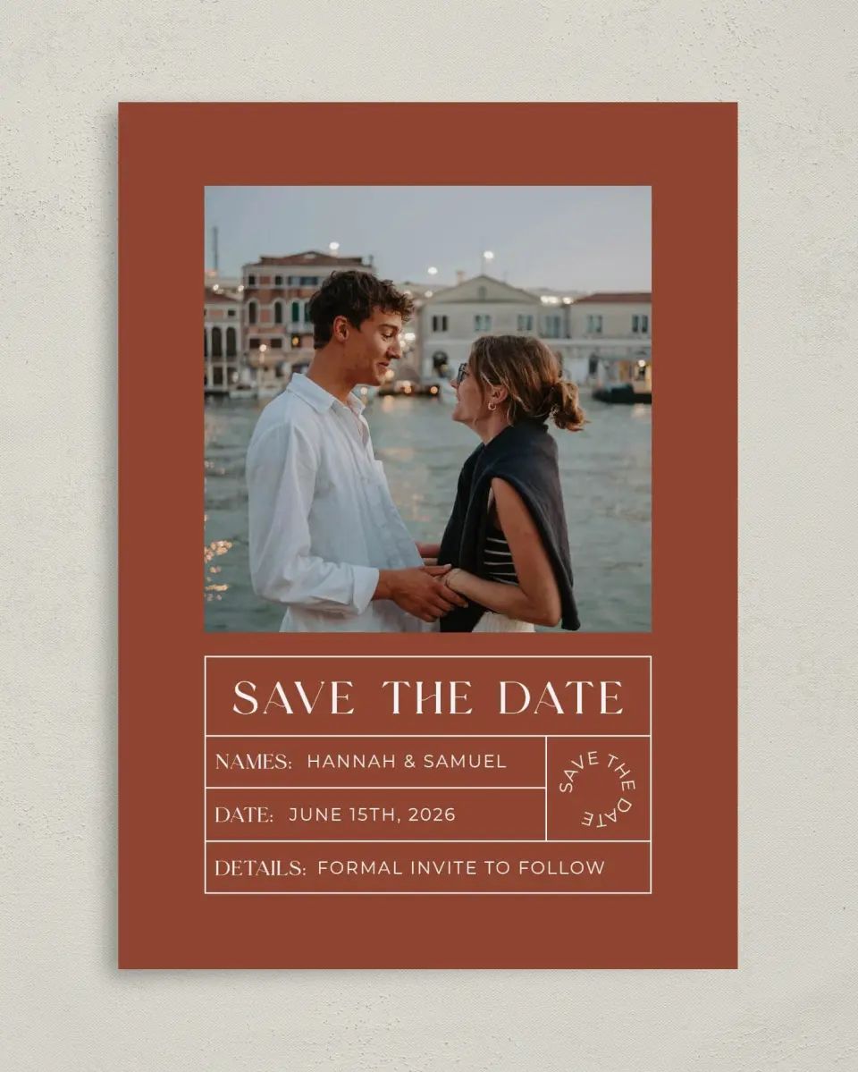 This is a 5" x 7" Save the Date Card called Sienna Sunset printed in full color on Premium Smooth paper