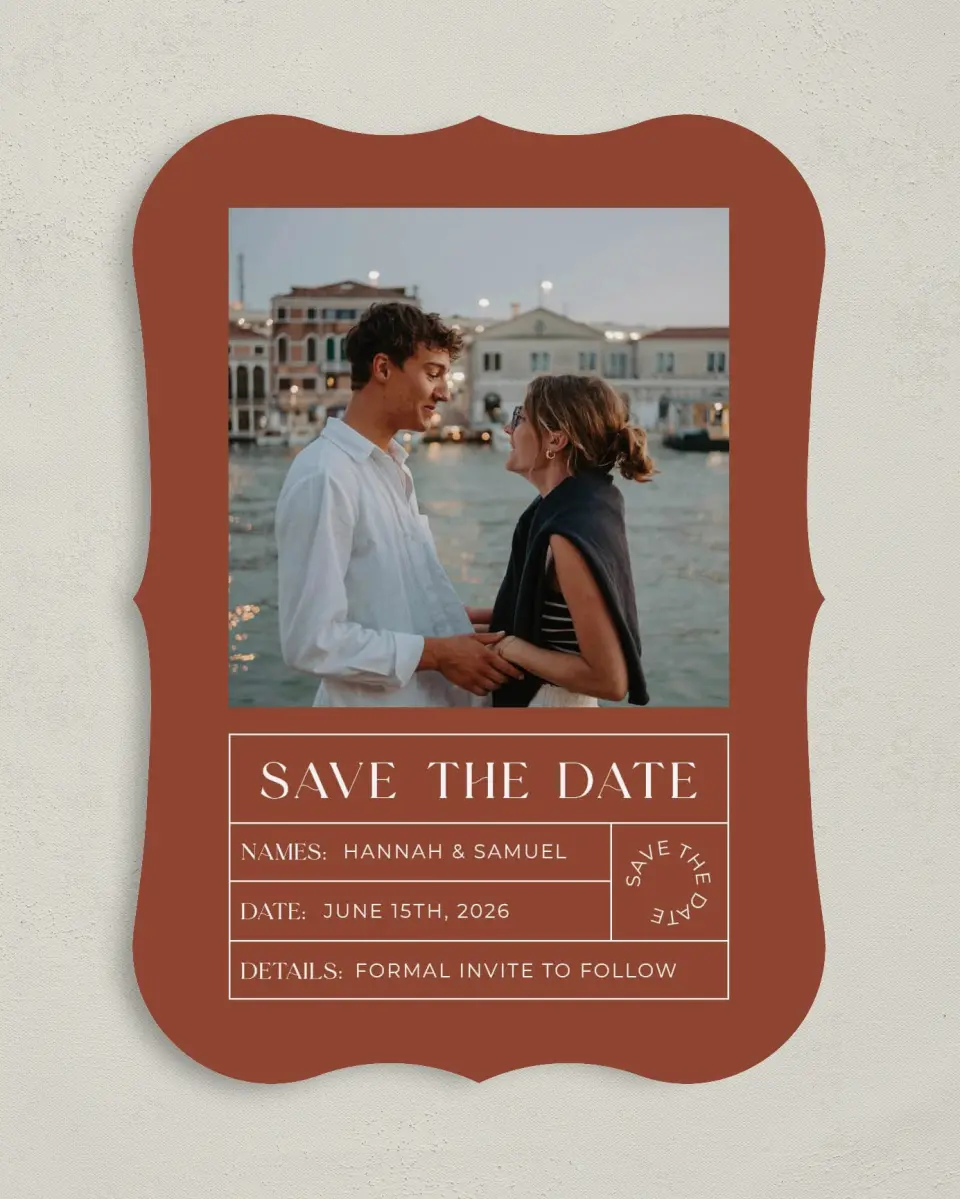 This is a 5" x 7" Save the Date Card called Sienna Sunset printed in full color on Premium Smooth paper