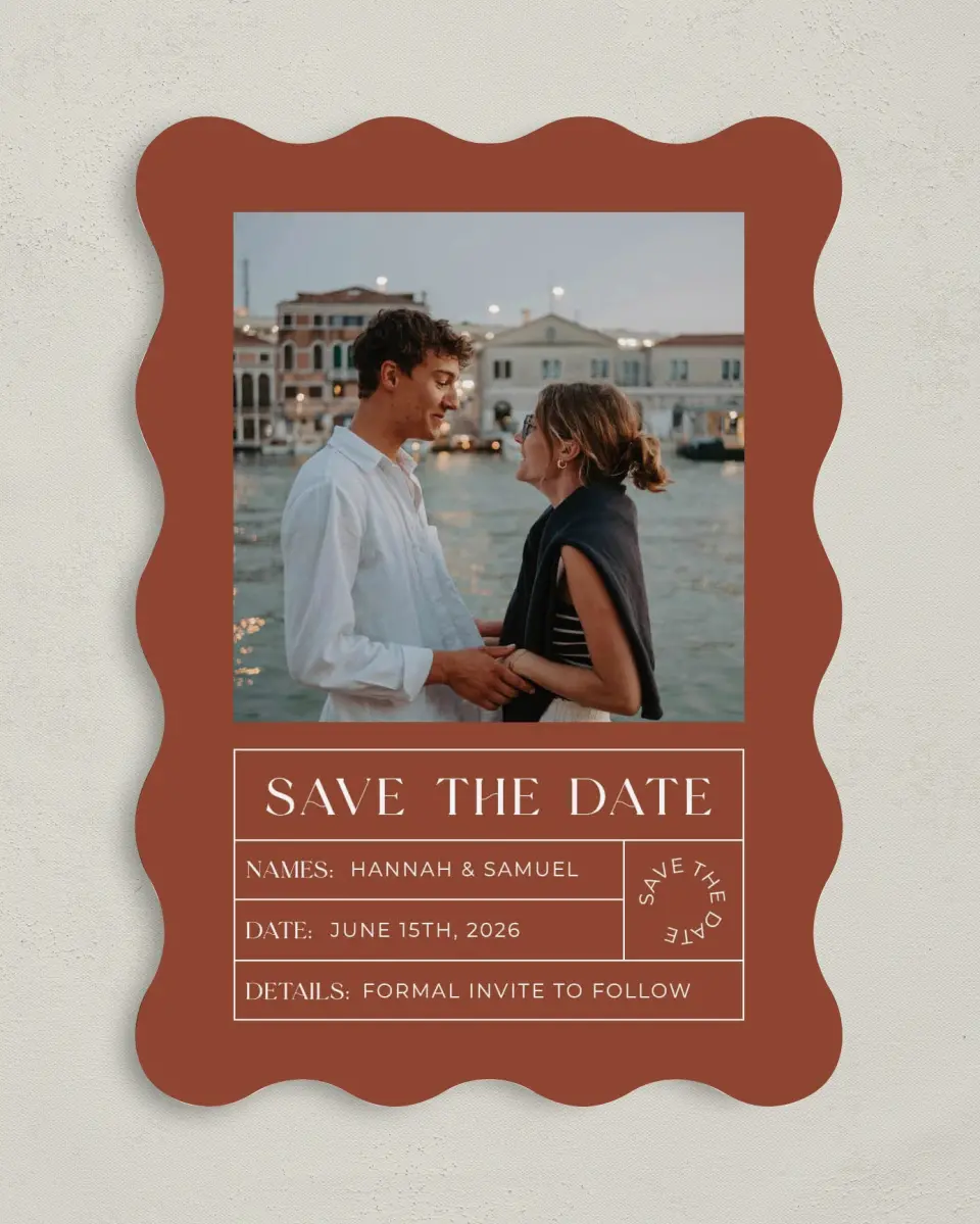 This is a 5" x 7" Save the Date Card called Sienna Sunset printed in full color on Premium Smooth paper