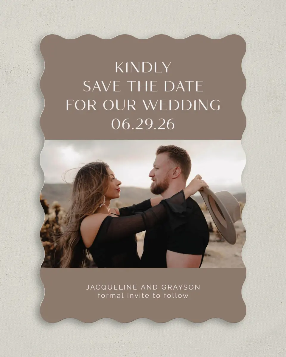 This is a 5" x 7" Save the Date Card called Suede Serenity printed in full color on Premium Smooth paper