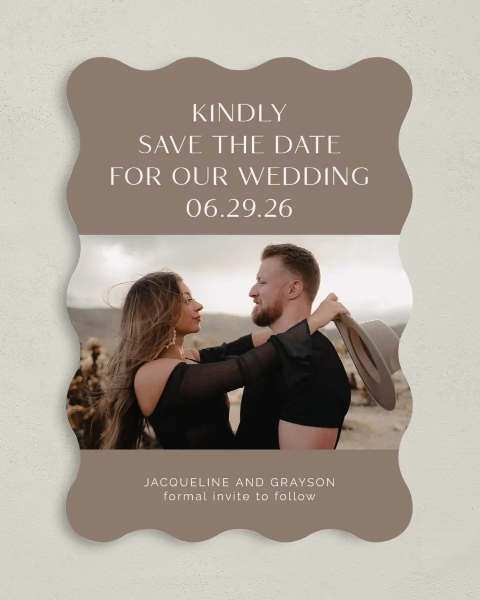 This is a 5" x 7" Save the Date Card called Suede Serenity printed in full color on Premium Smooth paper