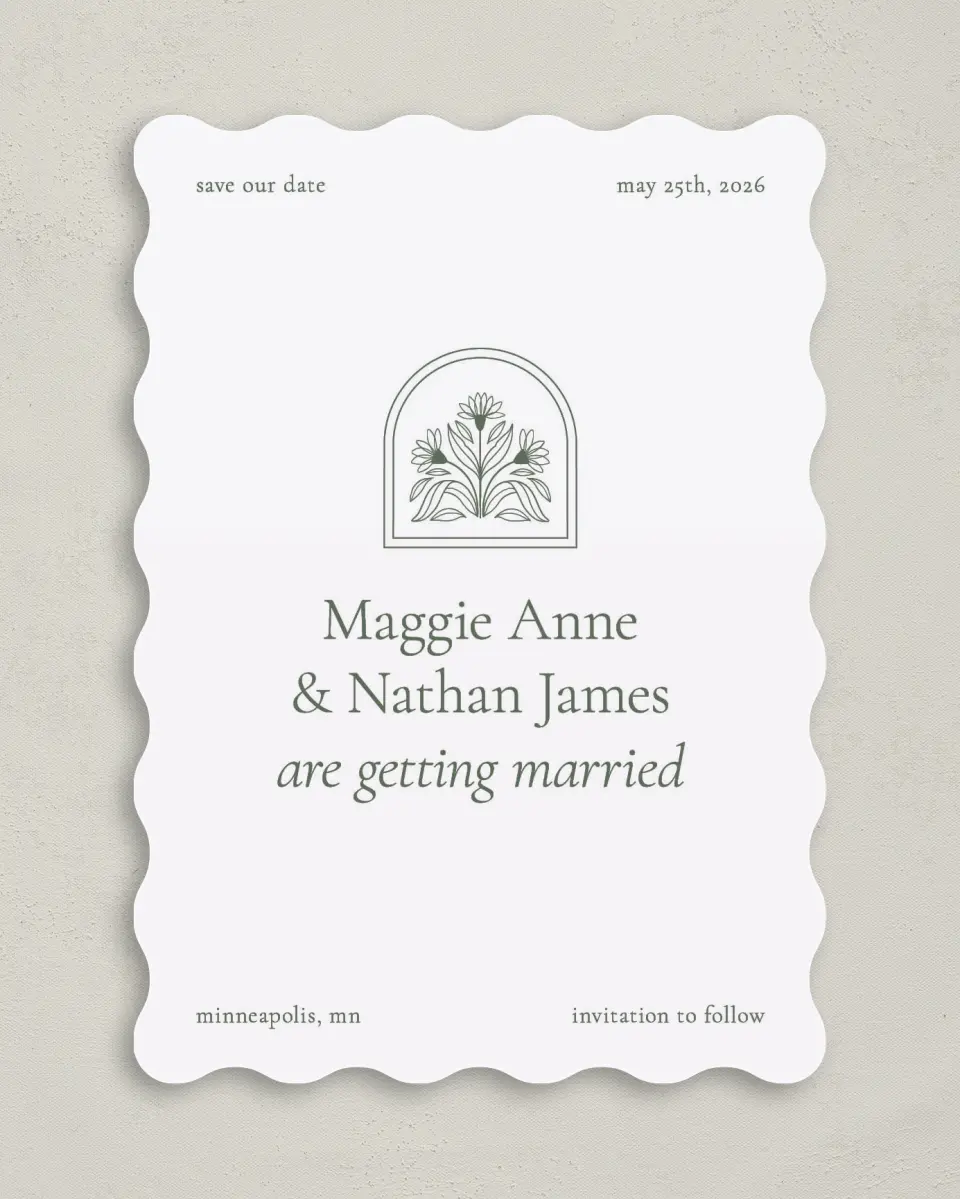 This is a 5" x 7" Save the Date Card called Blossoming Love printed in full color on Premium Smooth paper