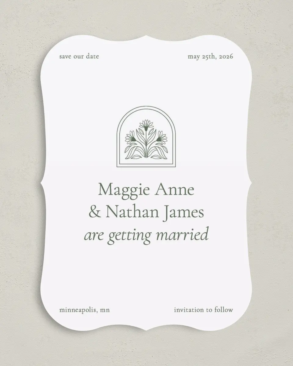 This is a 5" x 7" Save the Date Card called Blossoming Love printed in full color on Premium Smooth paper