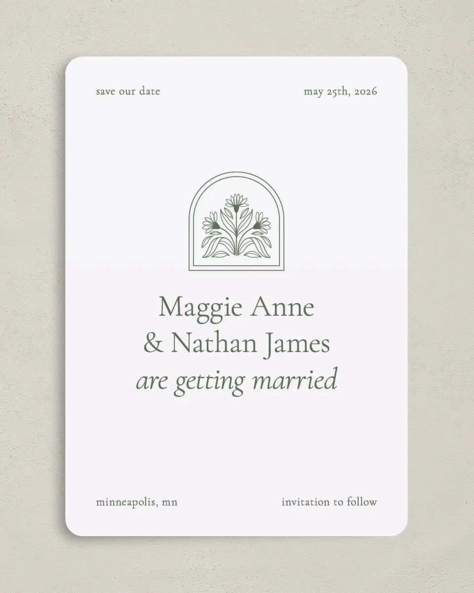 This is a 5" x 7" Save the Date Card called Blossoming Love printed in full color on Premium Smooth paper