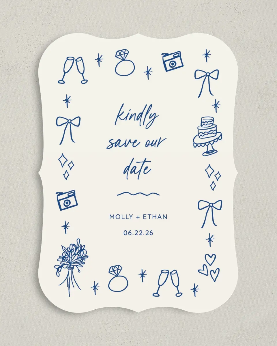 This is a 5" x 7" Save the Date Card called Drawn to You printed in full color on Premium Smooth paper