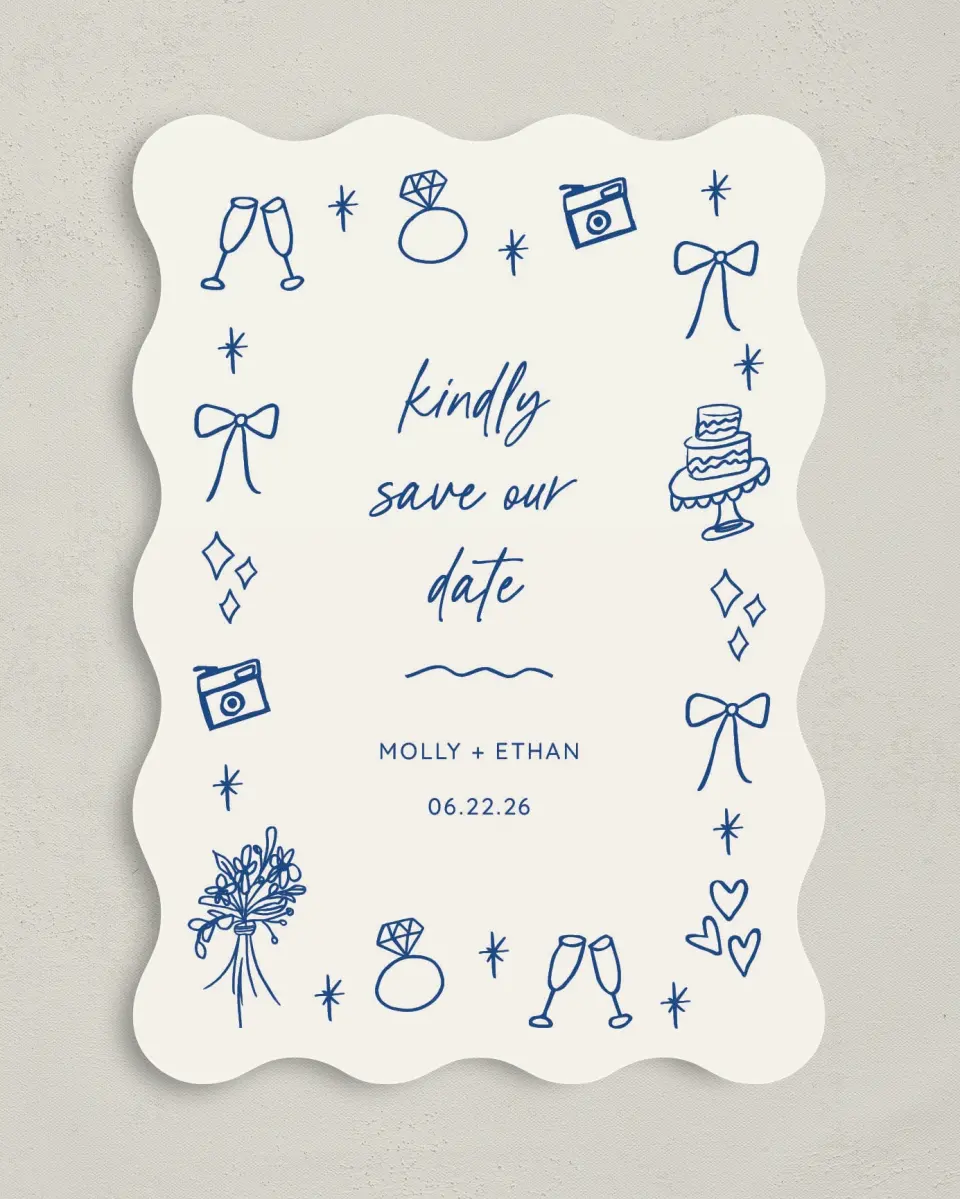 This is a 5" x 7" Save the Date Card called Drawn to You printed in full color on Premium Smooth paper