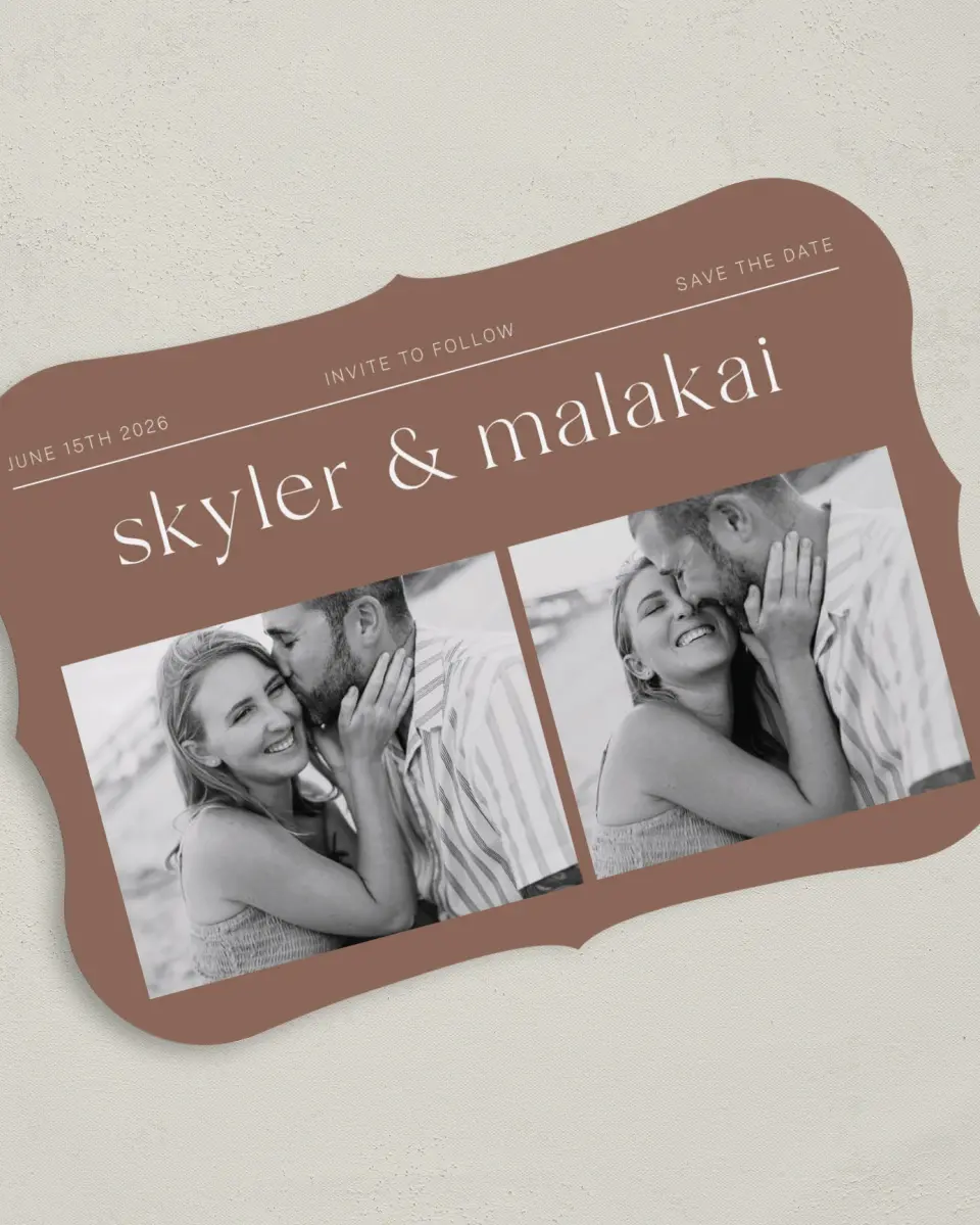 This is a 5" x 7" Save the Date Card called Always You! printed in full color with Silver foil on Luxe Satin (coated) paper