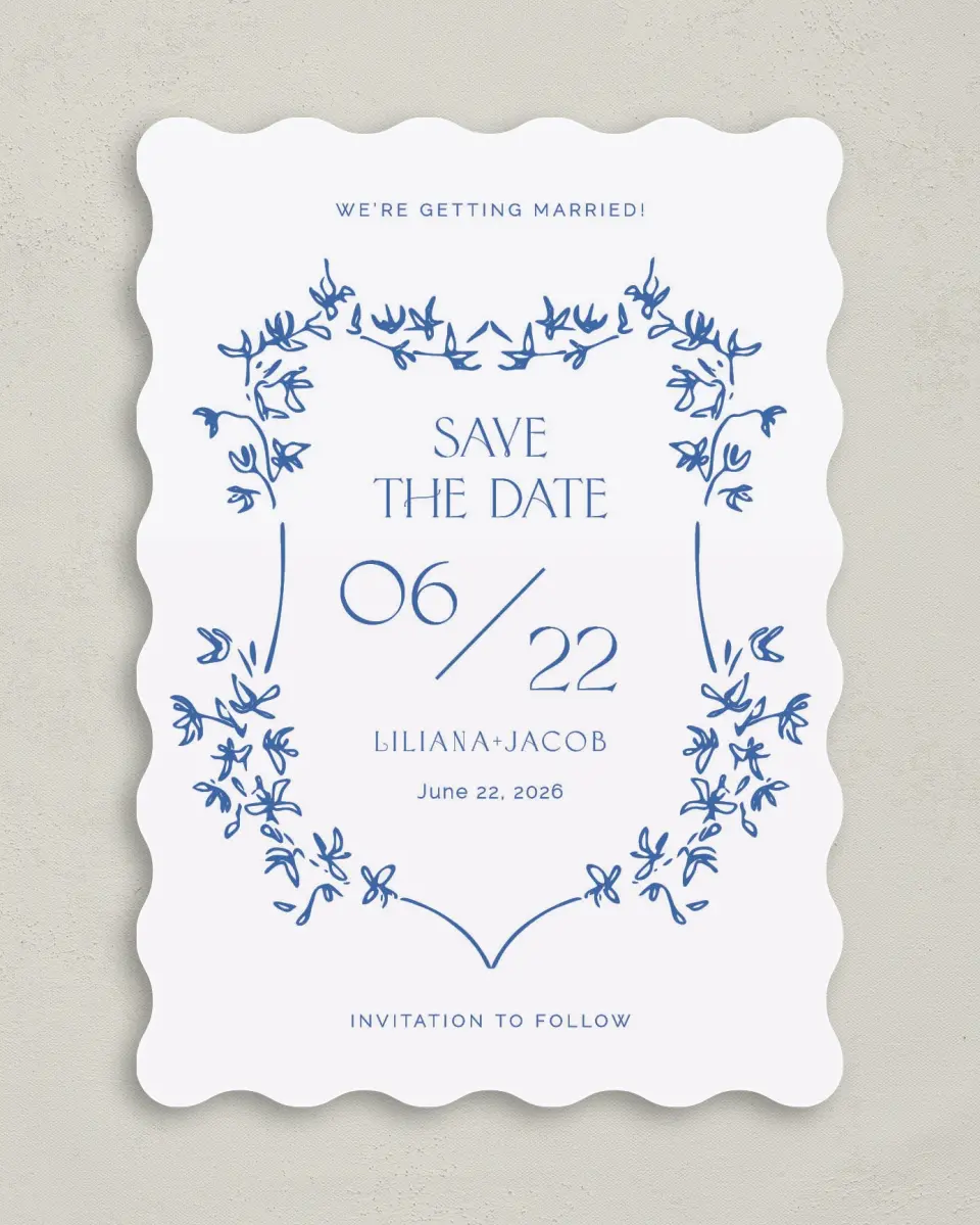 This is a 5" x 7" Save the Date Card called Vintage Vines printed in full color on Premium Smooth paper