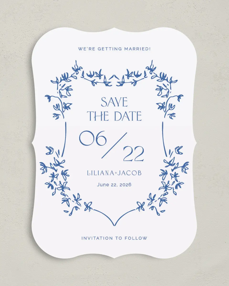 This is a 5" x 7" Save the Date Card called Vintage Vines printed in full color on Premium Smooth paper