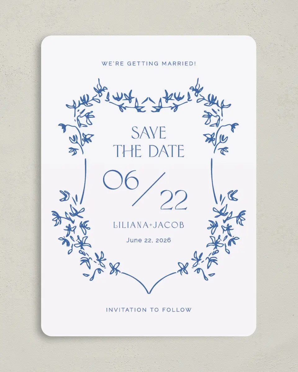 This is a 5" x 7" Save the Date Card called Vintage Vines printed in full color on Premium Smooth paper