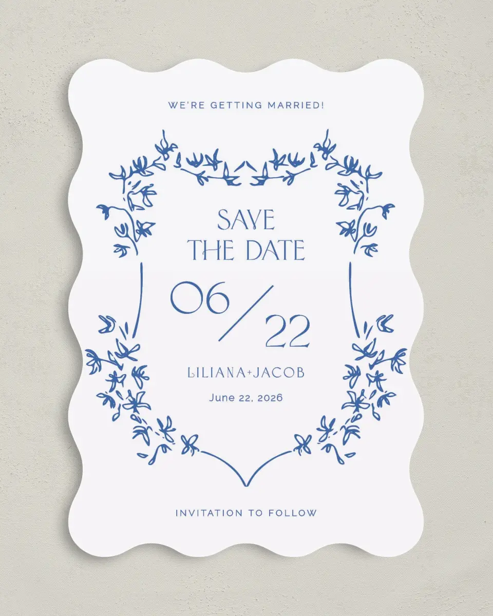 This is a 5" x 7" Save the Date Card called Vintage Vines printed in full color on Premium Smooth paper