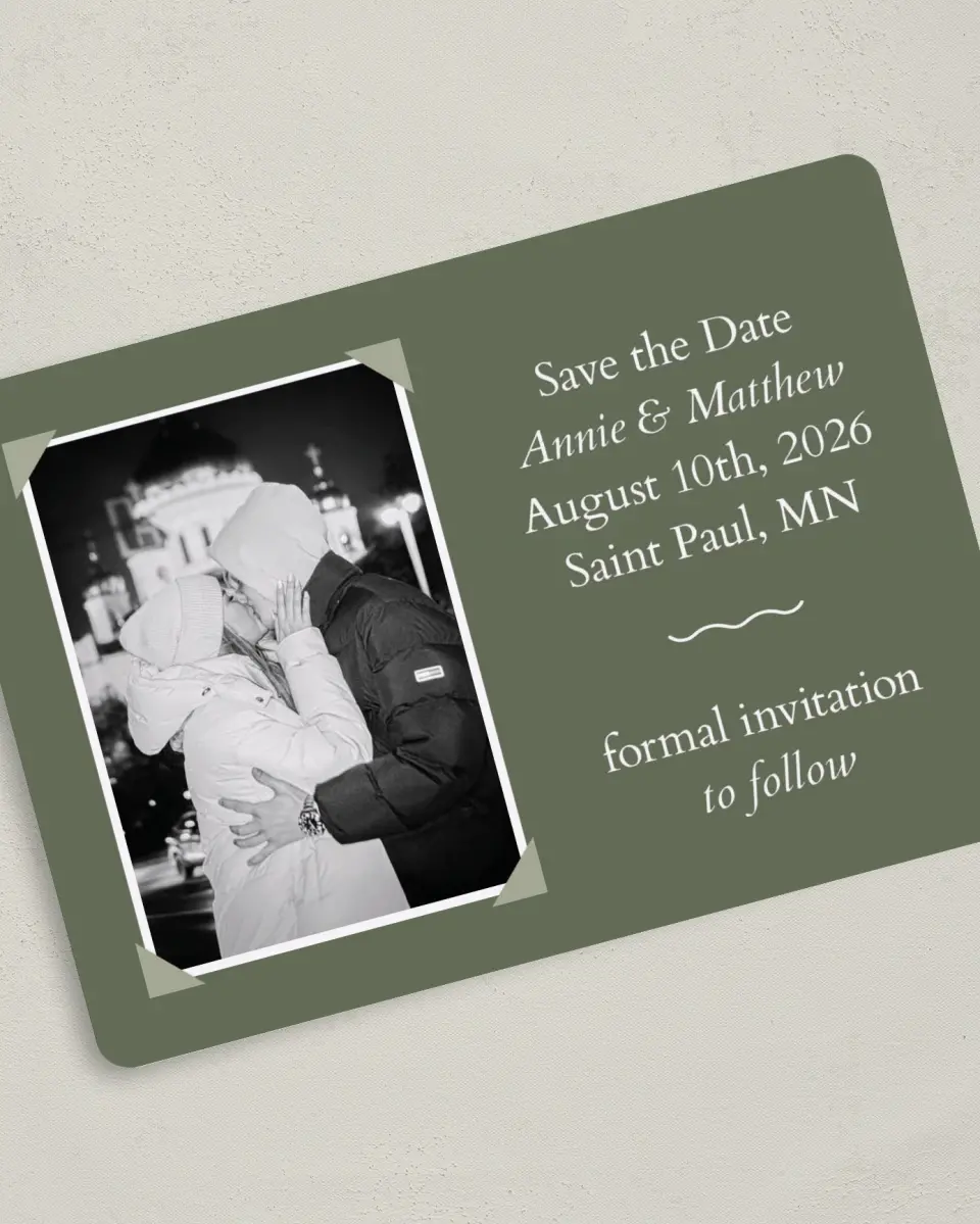 This is a 5" x 7" Save the Date Card called Framed Forever printed in full color on Premium Smooth paper