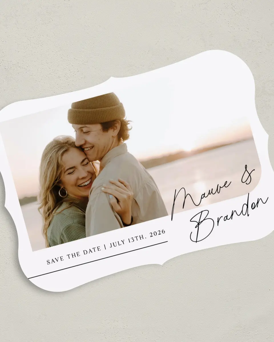 This is a 5" x 7" Save the Date Card called Sealed with Love printed in full color on Premium Smooth paper