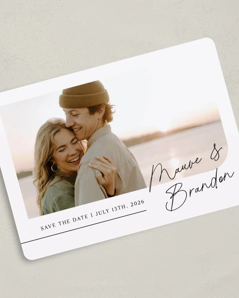 This is a 5" x 7" Save the Date Card called Sealed with Love printed in full color on Premium Smooth paper