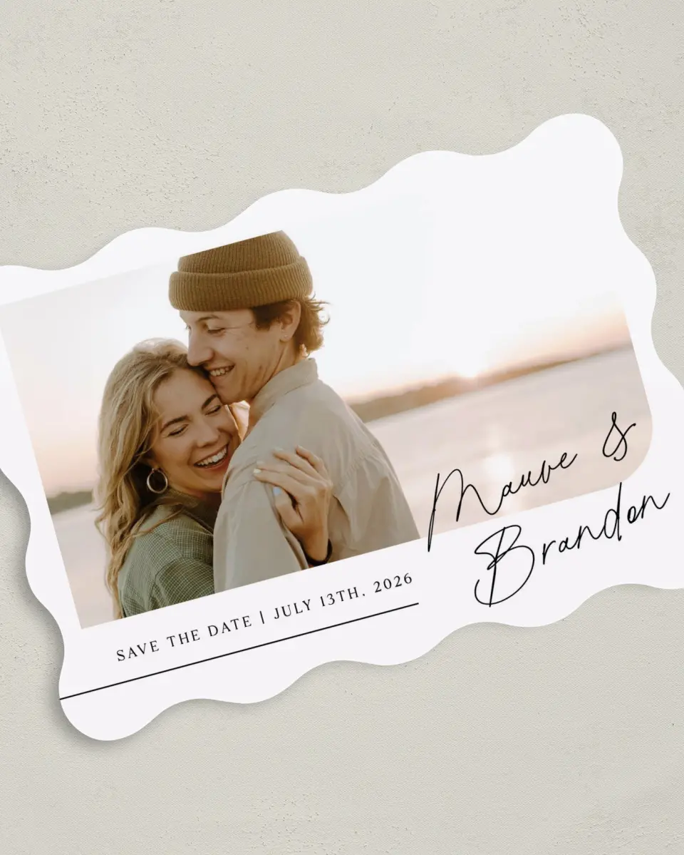 This is a 5" x 7" Save the Date Card called Sealed with Love printed in full color on Premium Smooth paper