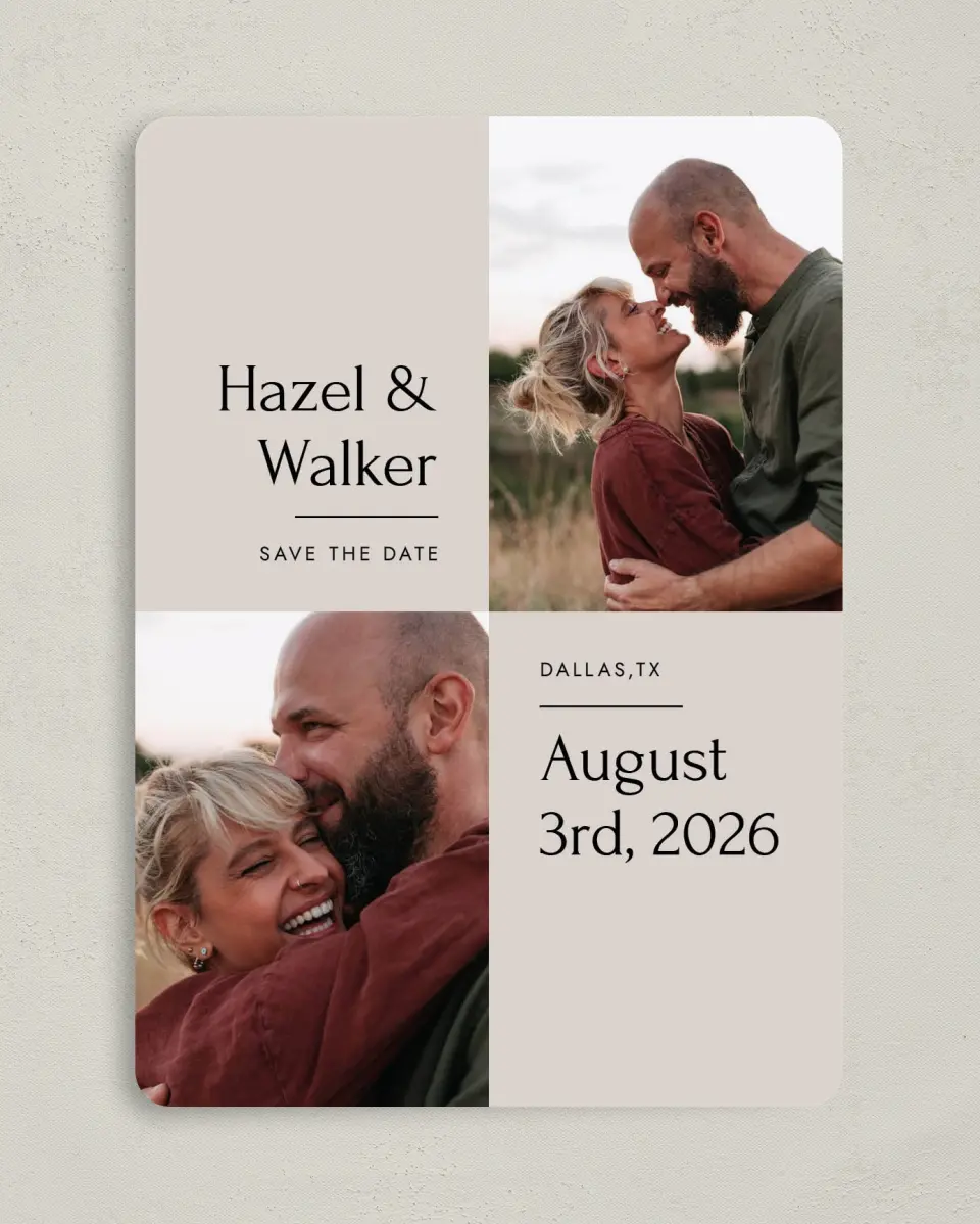 This is a 5" x 7" Save the Date Card called Just You & Me printed in full color on Premium Smooth paper