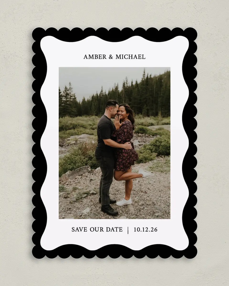 This is a 5" x 7" Save the Date Card called The Amber printed in full color on Premium Smooth paper