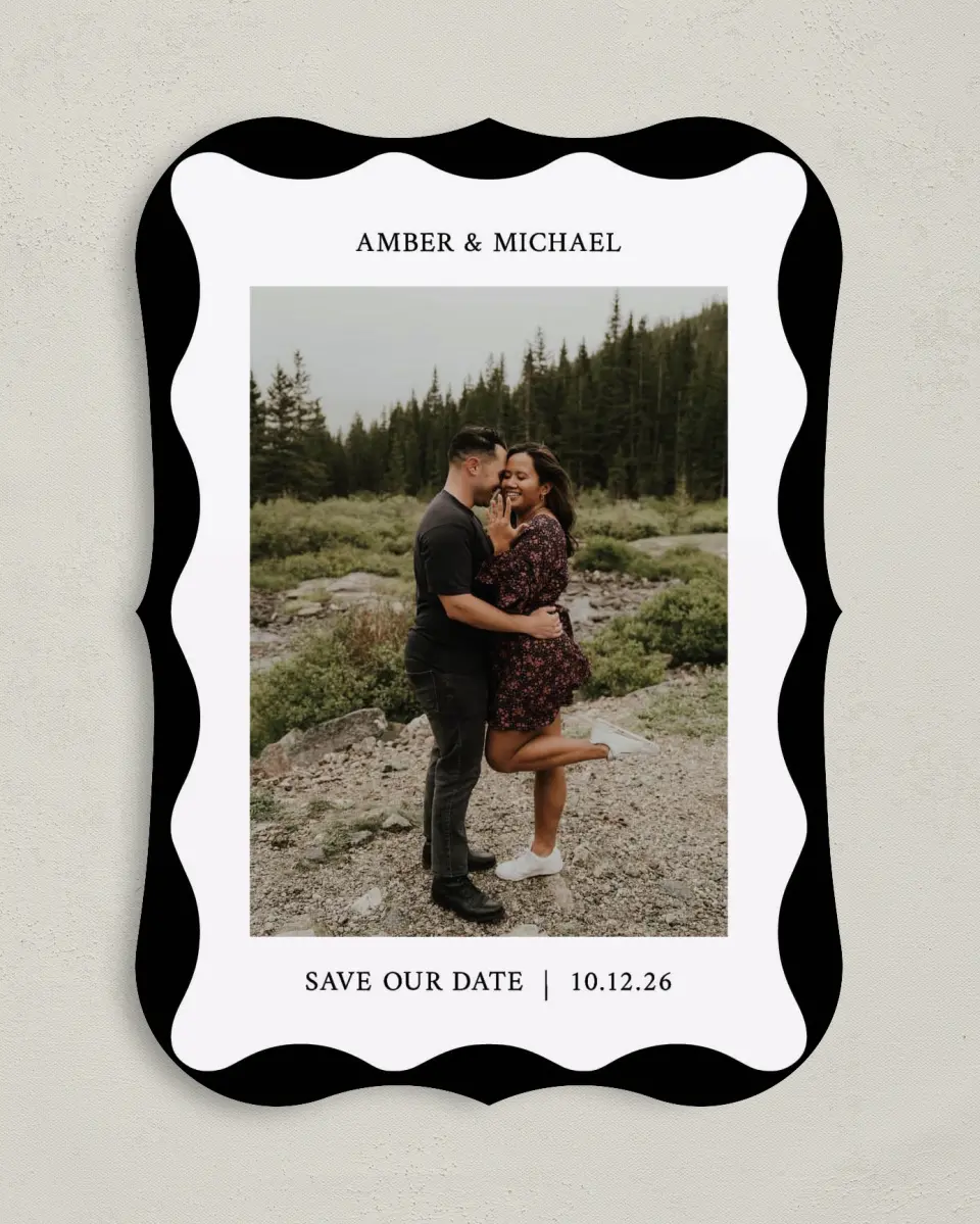This is a 5" x 7" Save the Date Card called The Amber printed in full color on Premium Smooth paper
