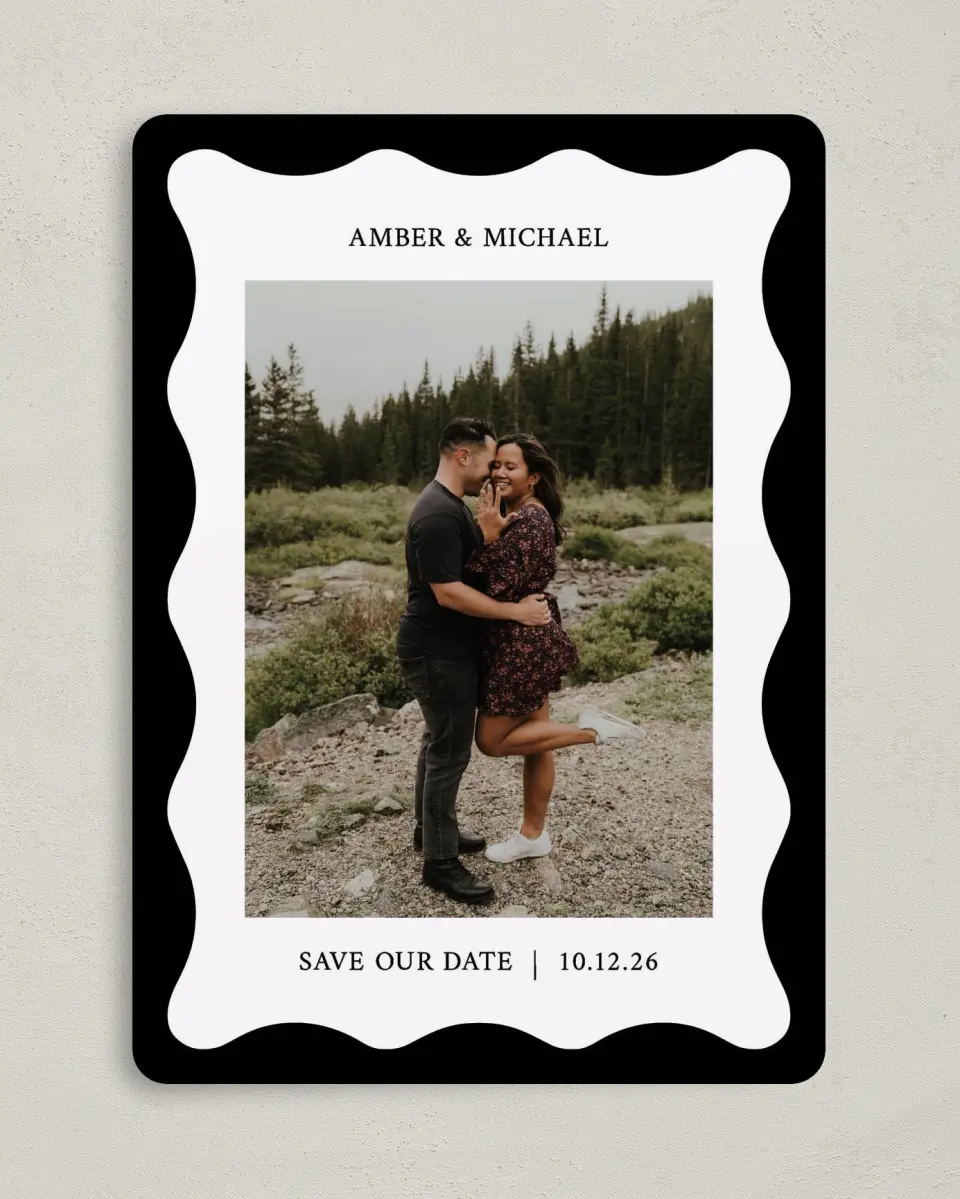 This is a 5" x 7" Save the Date Card called The Amber printed in full color on Premium Smooth paper