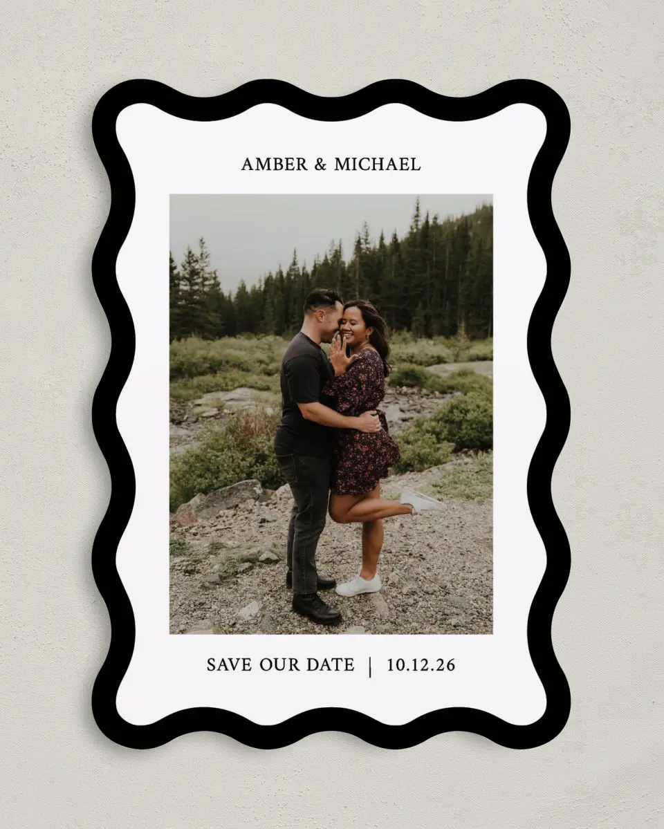 This is a 5" x 7" Save the Date Card called The Amber printed in full color on Premium Smooth paper