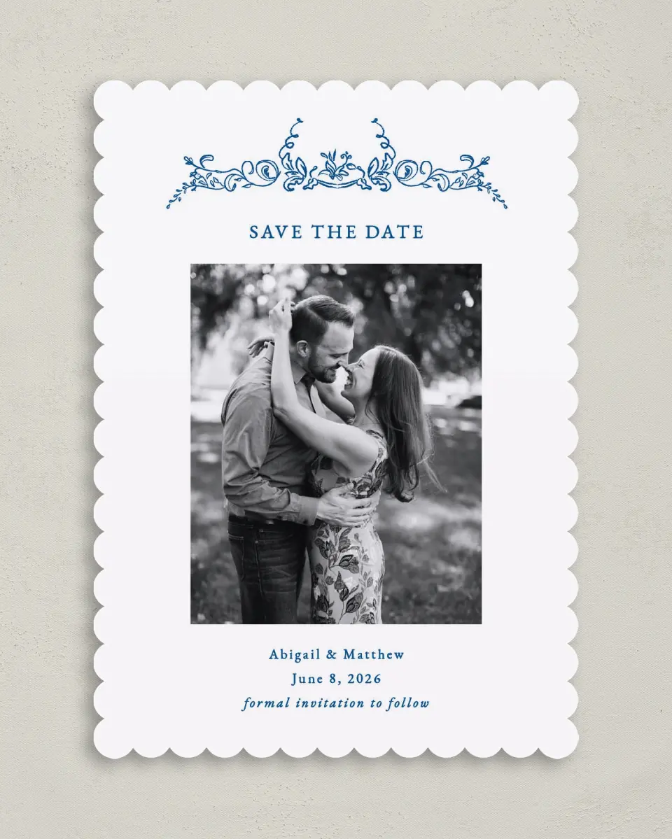 This is a 5" x 7" Save the Date Card called Ornamental Elegance printed in full color on Premium Smooth paper