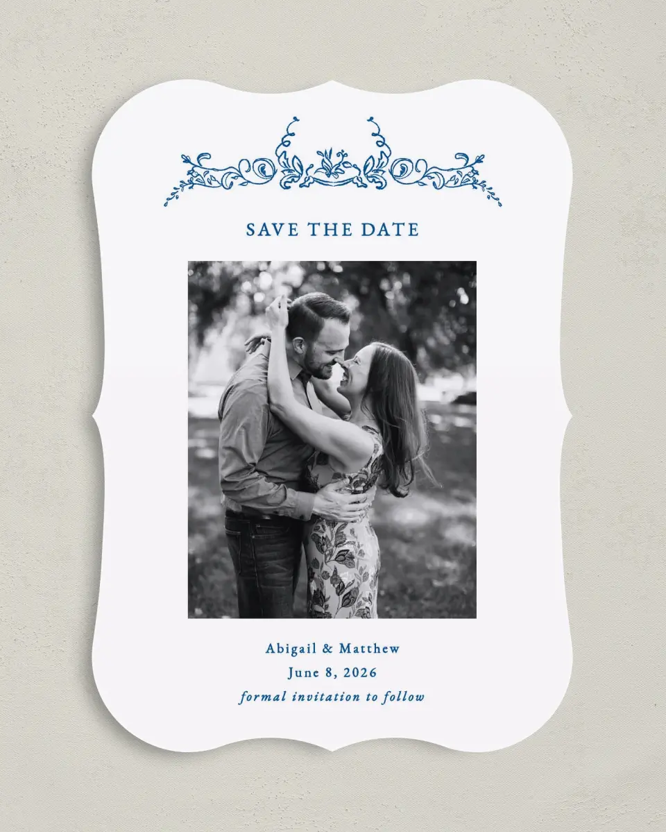 This is a 5" x 7" Save the Date Card called Ornamental Elegance printed in full color on Premium Smooth paper