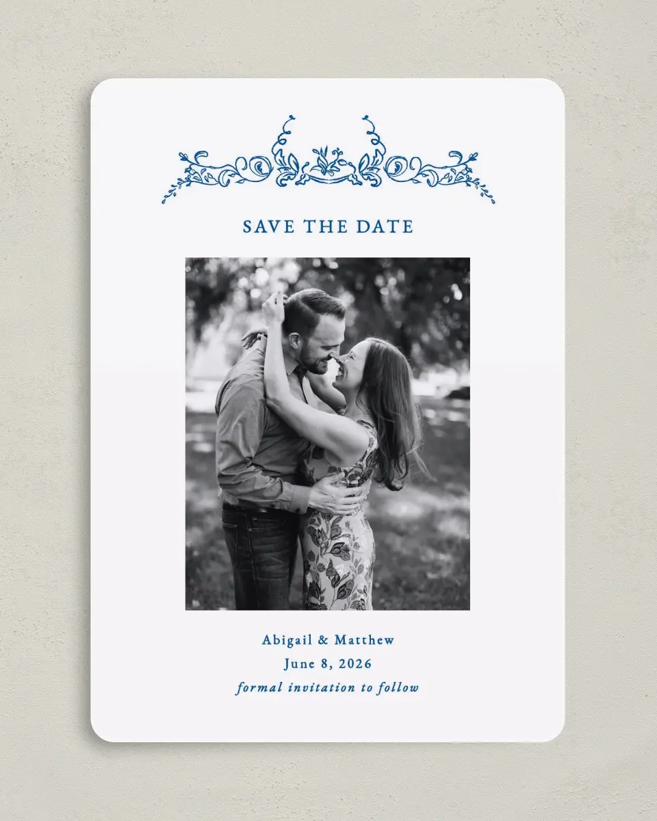This is a 5" x 7" Save the Date Card called Ornamental Elegance printed in full color on Premium Smooth paper