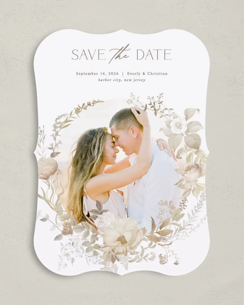 This is a 5" x 7" Save the Date Card called The Everly printed in full color on Premium Smooth paper