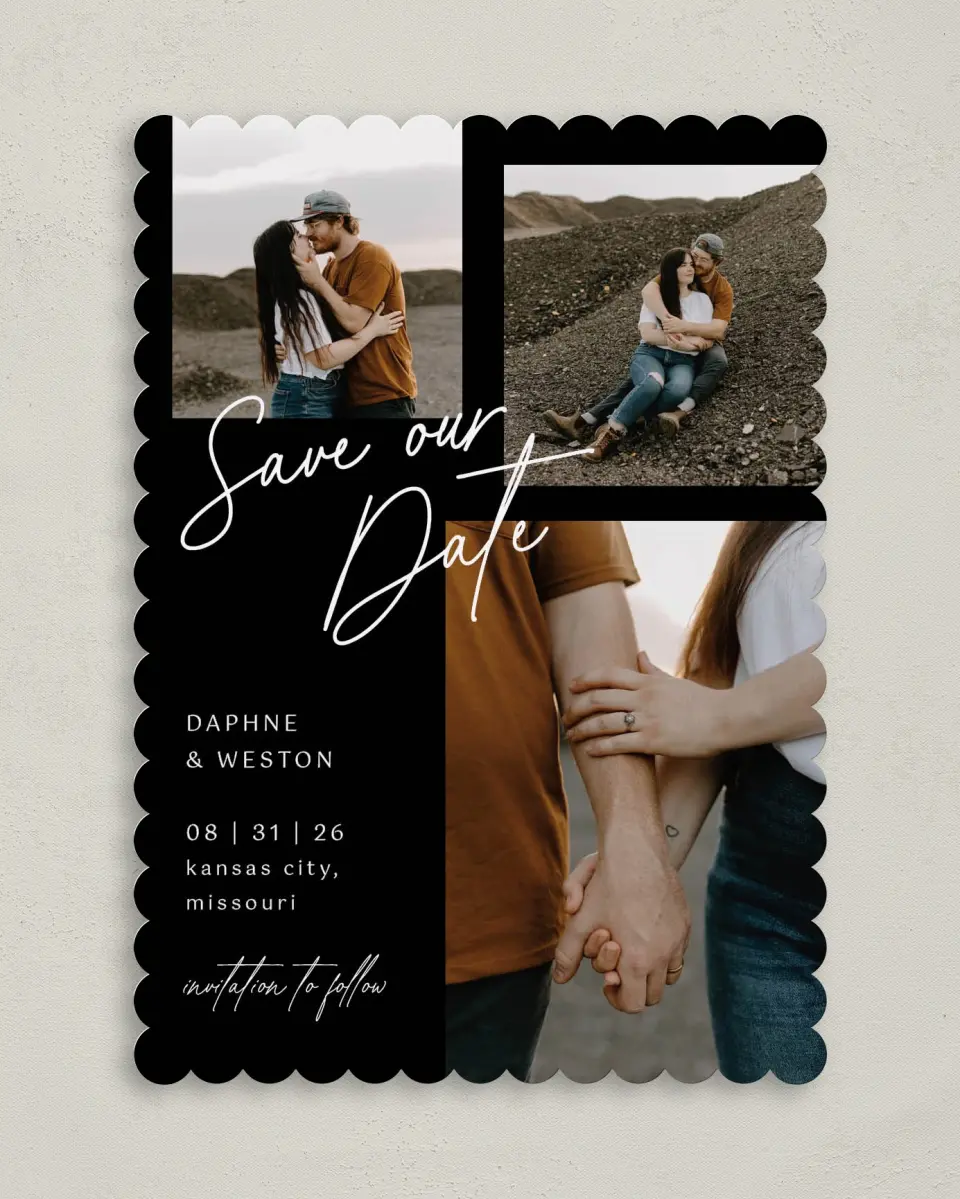 This is a 5" x 7" Save the Date Card called Scripted Love printed in full color on Premium Smooth paper