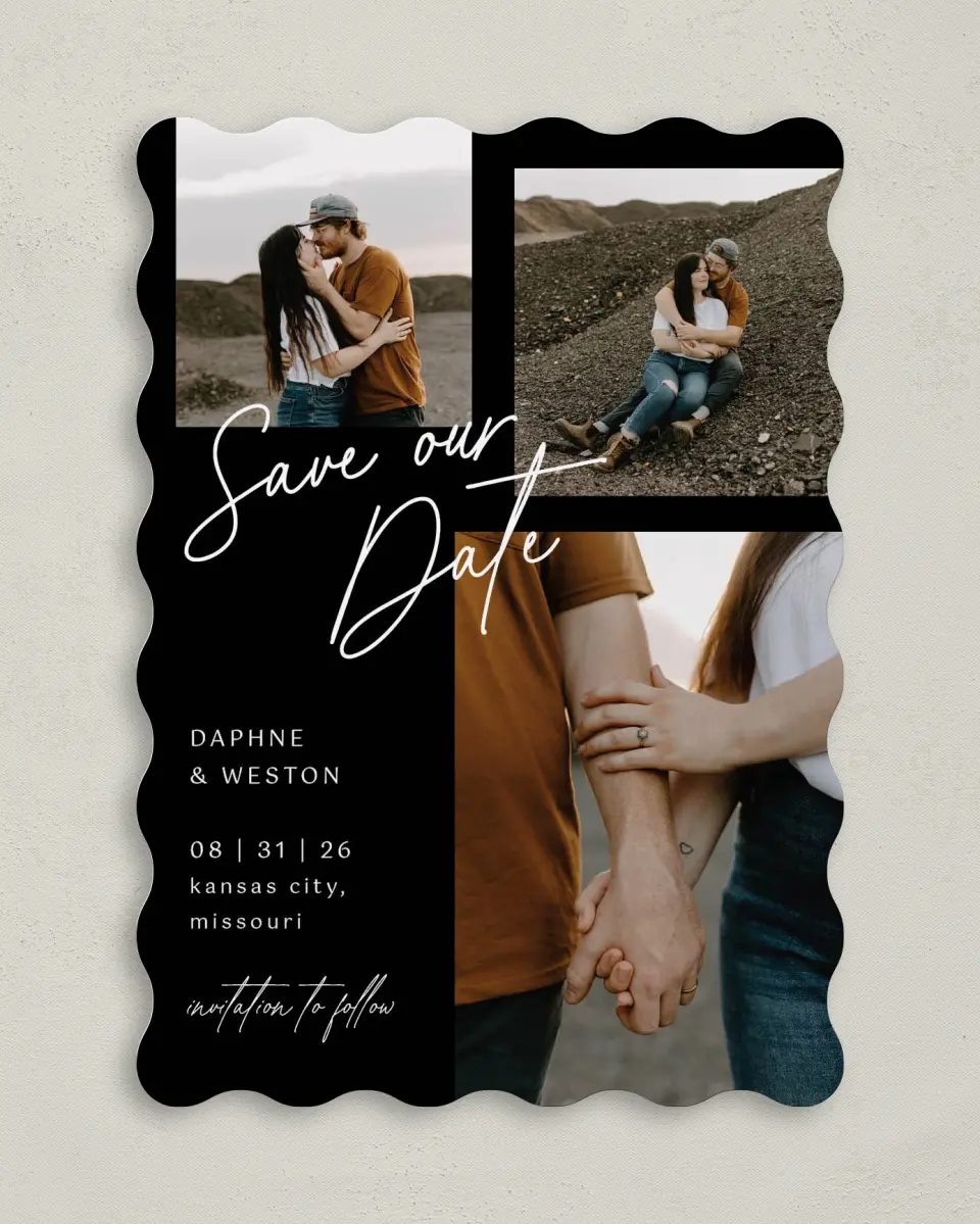 This is a 5" x 7" Save the Date Card called Scripted Love printed in full color on Premium Smooth paper