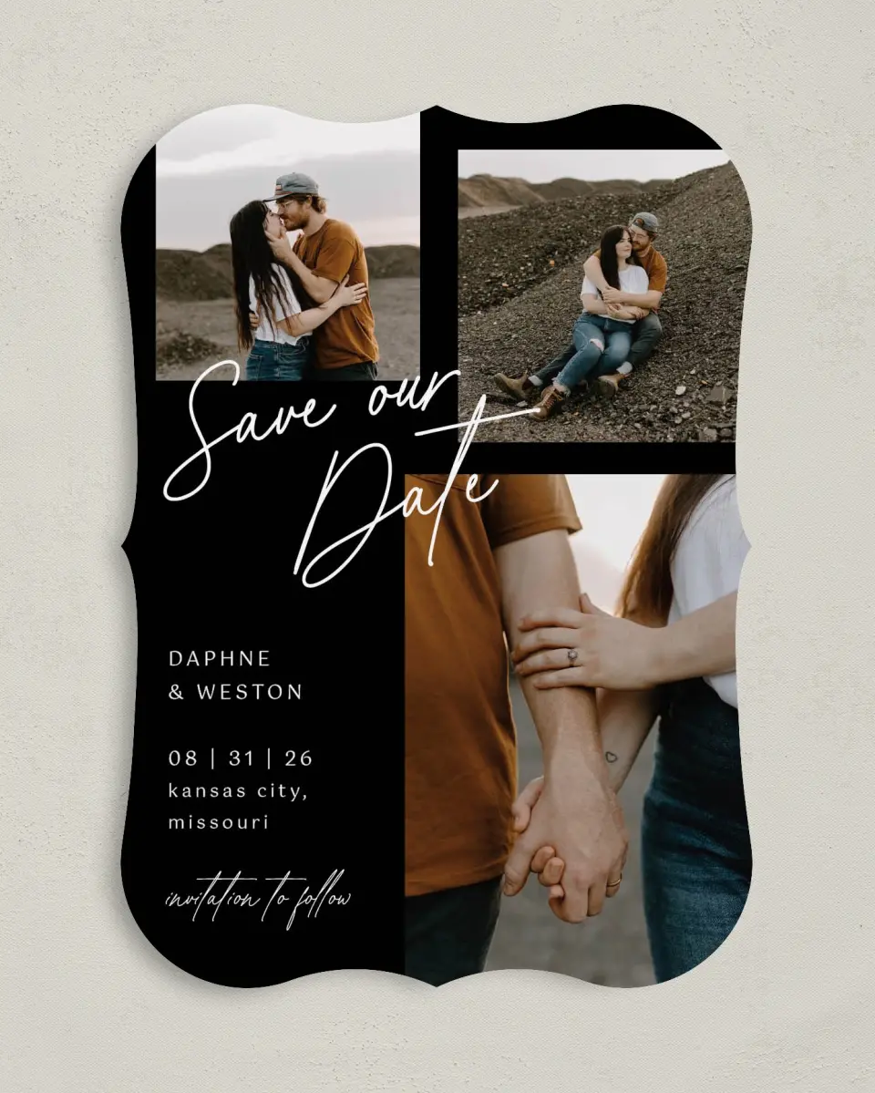 This is a 5" x 7" Save the Date Card called Scripted Love printed in full color on Premium Smooth paper