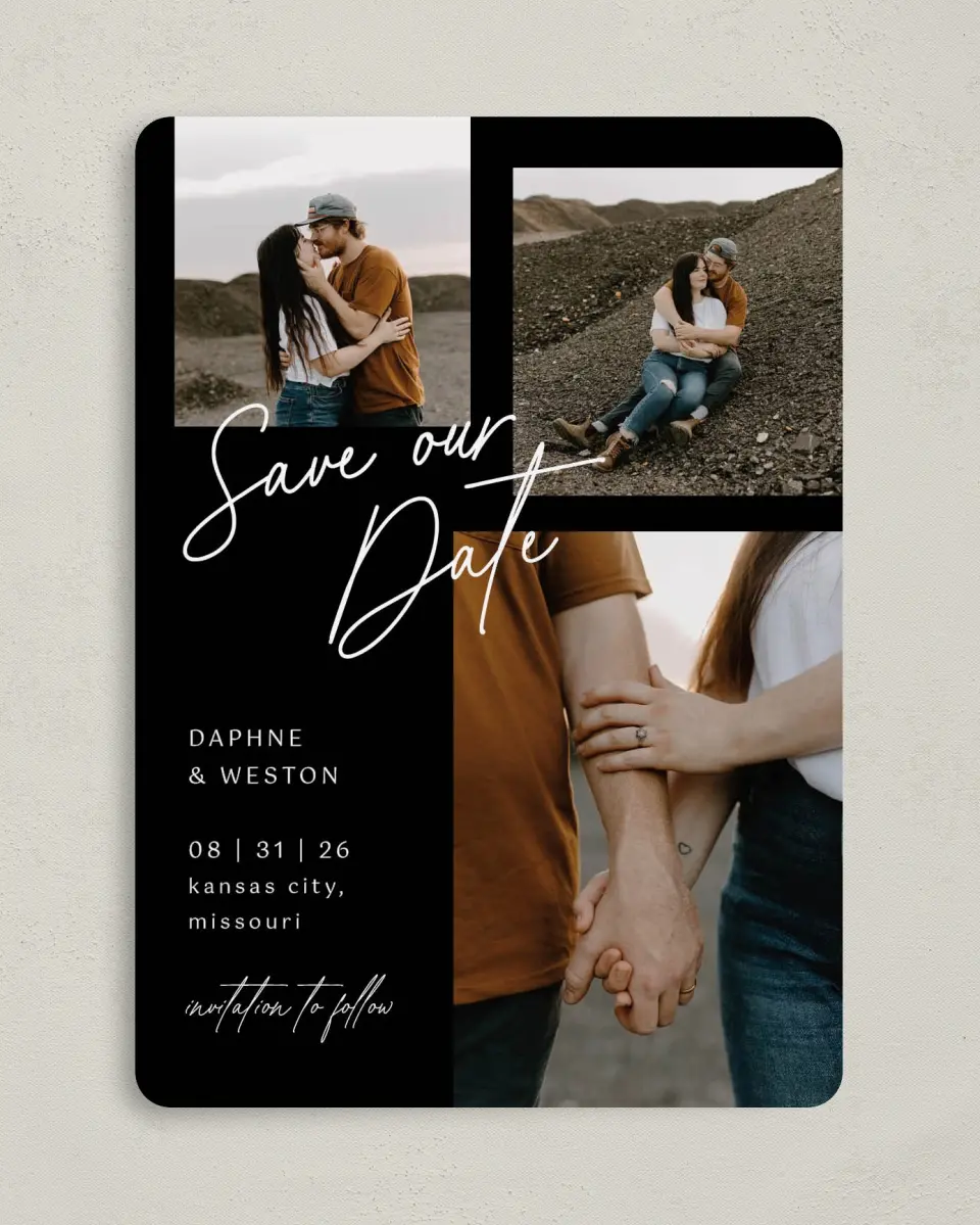This is a 5" x 7" Save the Date Card called Scripted Love printed in full color on Premium Smooth paper