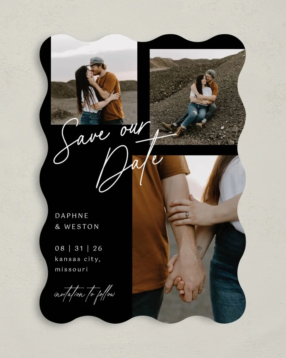 This is a 5" x 7" Save the Date Card called Scripted Love printed in full color on Premium Smooth paper