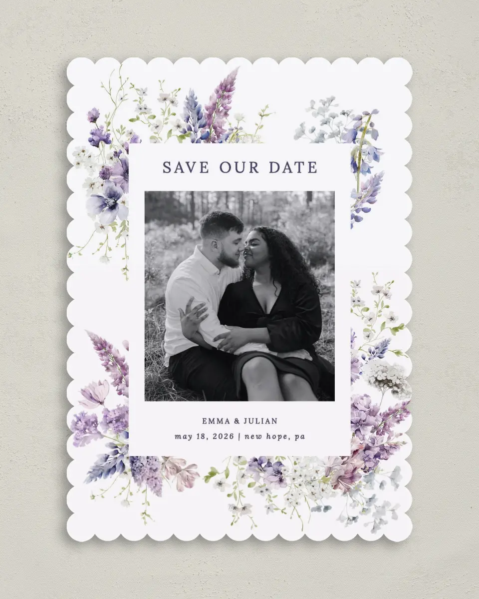 This is a 5" x 7" Save the Date Card called Euphoric Frame printed in full color on Premium Smooth paper