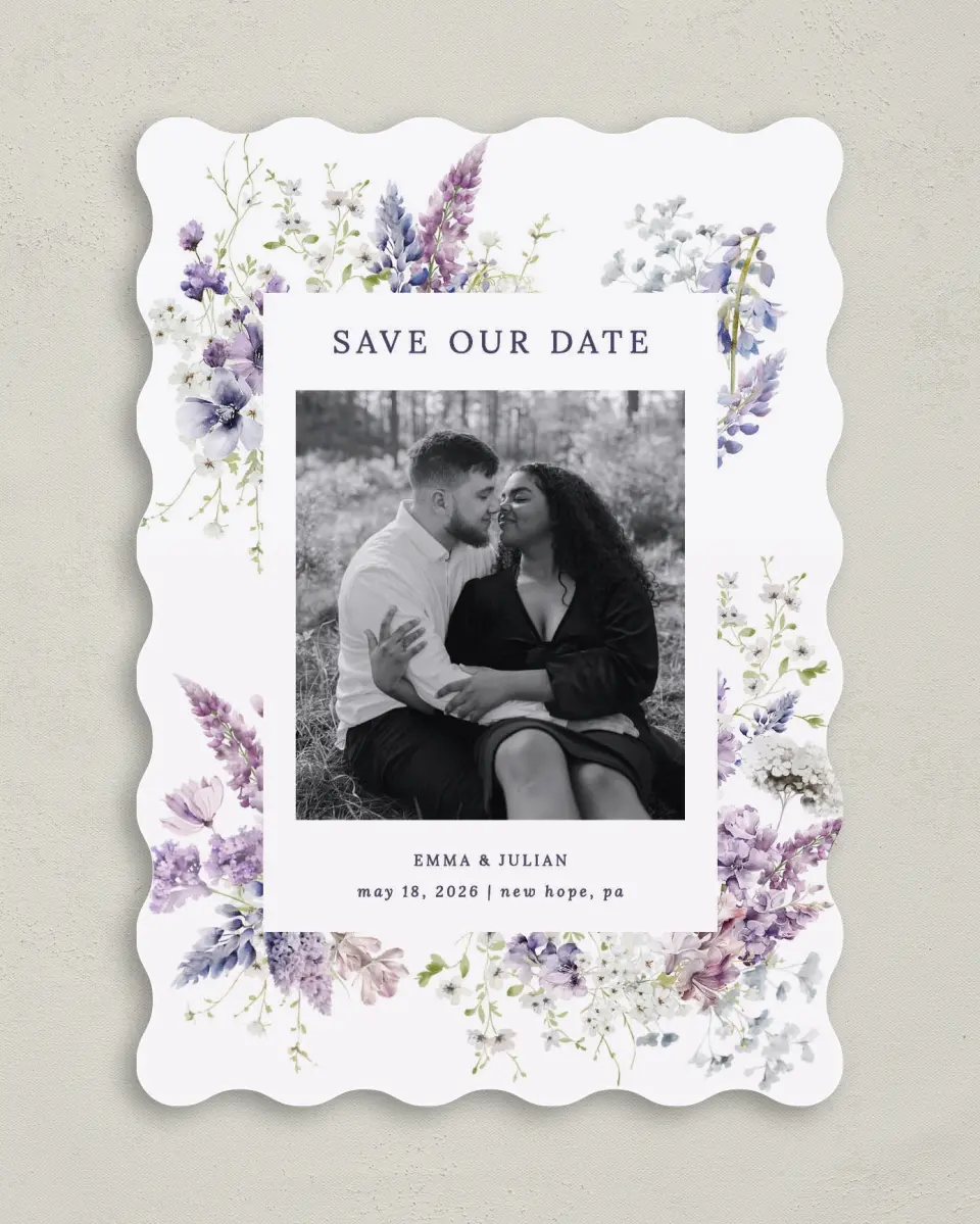 This is a 5" x 7" Save the Date Card called Euphoric Frame printed in full color on Premium Smooth paper