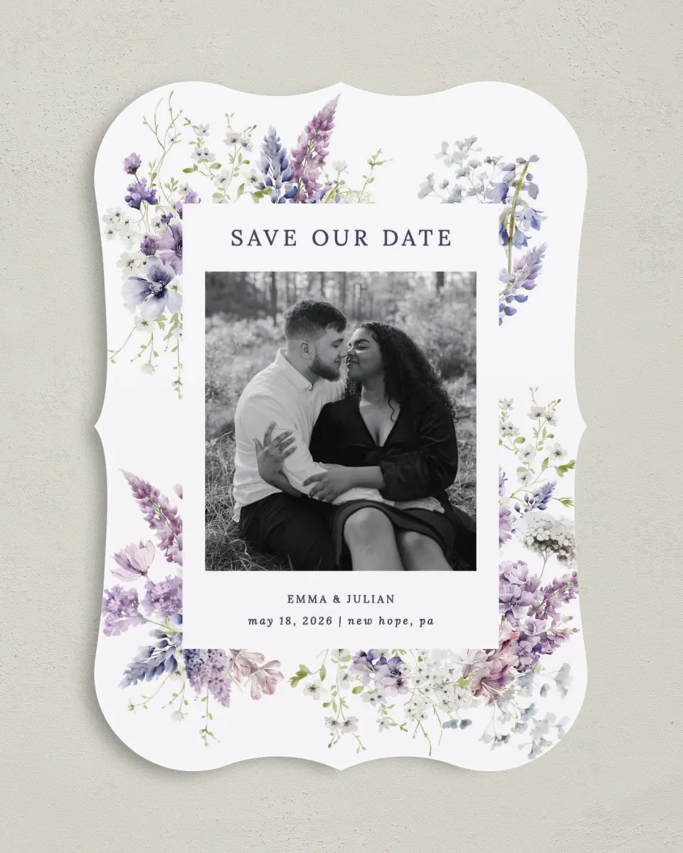 This is a 5" x 7" Save the Date Card called Euphoric Frame printed in full color on Premium Smooth paper