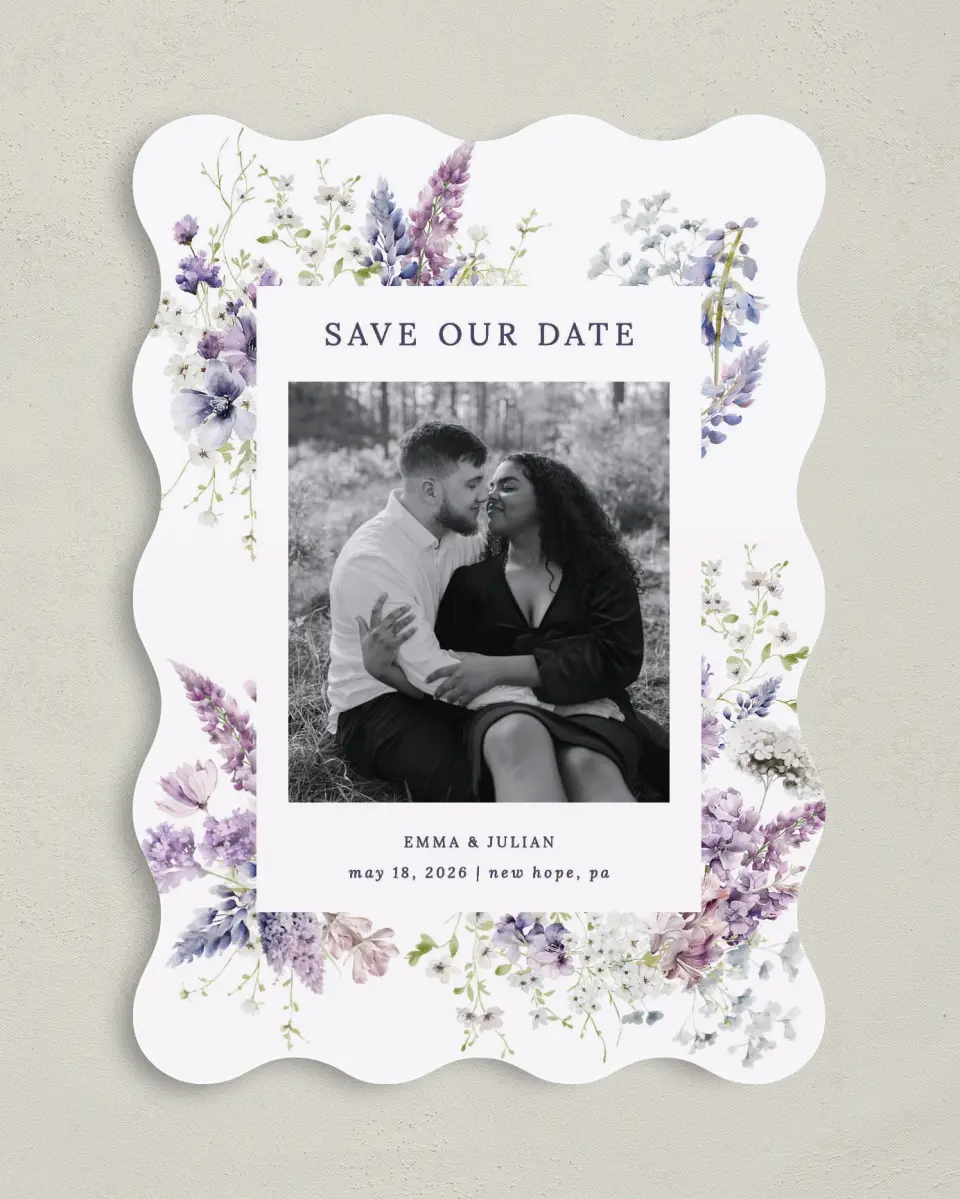 This is a 5" x 7" Save the Date Card called Euphoric Frame printed in full color on Premium Smooth paper