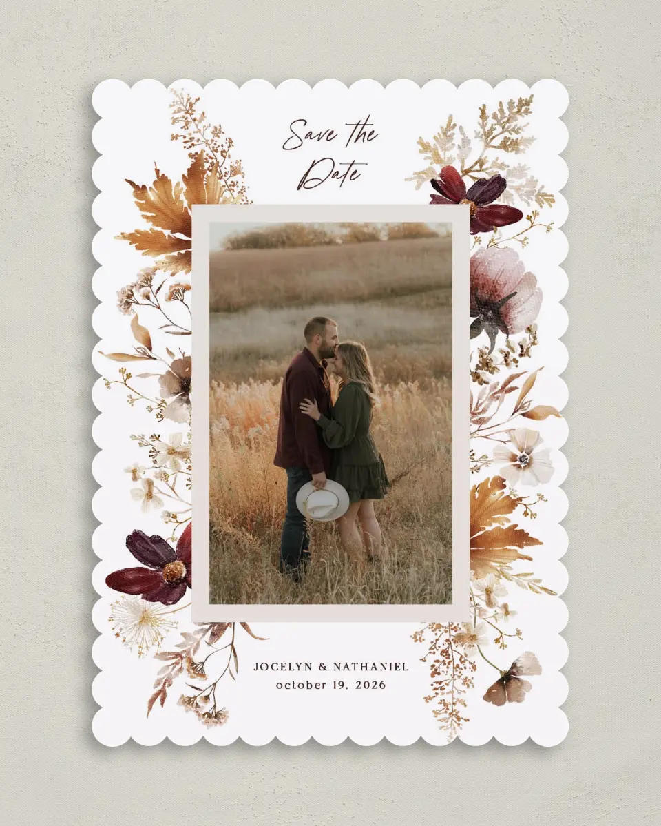 This is a 5" x 7" Save the Date Card called Autumn Wildflowers printed in full color on Premium Smooth paper