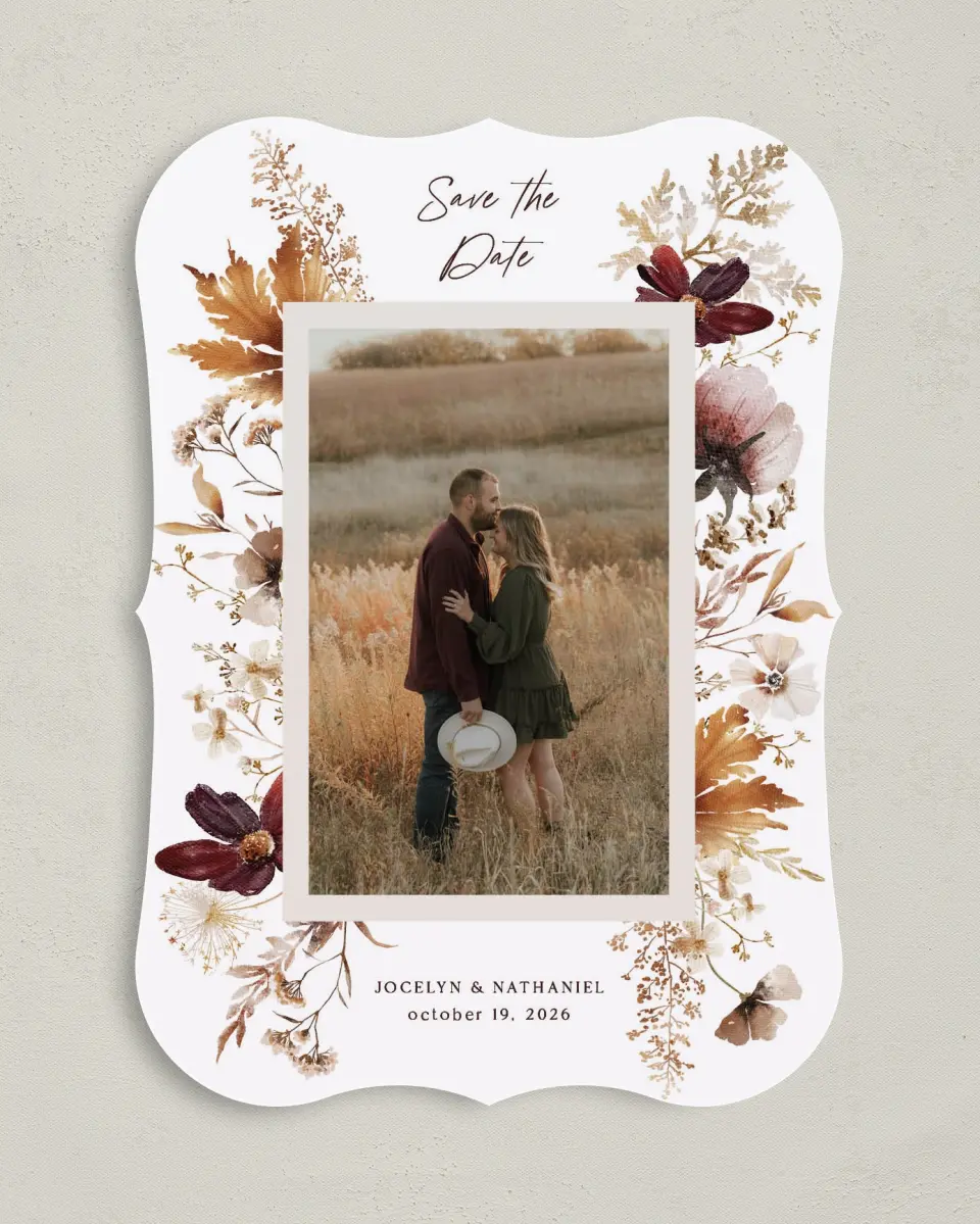 This is a 5" x 7" Save the Date Card called Autumn Wildflowers printed in full color on Premium Smooth paper