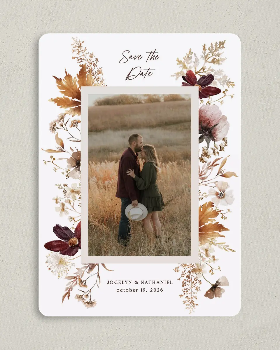 This is a 5" x 7" Save the Date Card called Autumn Wildflowers printed in full color on Premium Smooth paper