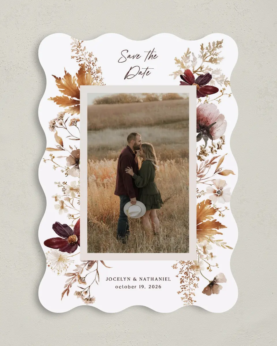 This is a 5" x 7" Save the Date Card called Autumn Wildflowers printed in full color on Premium Smooth paper