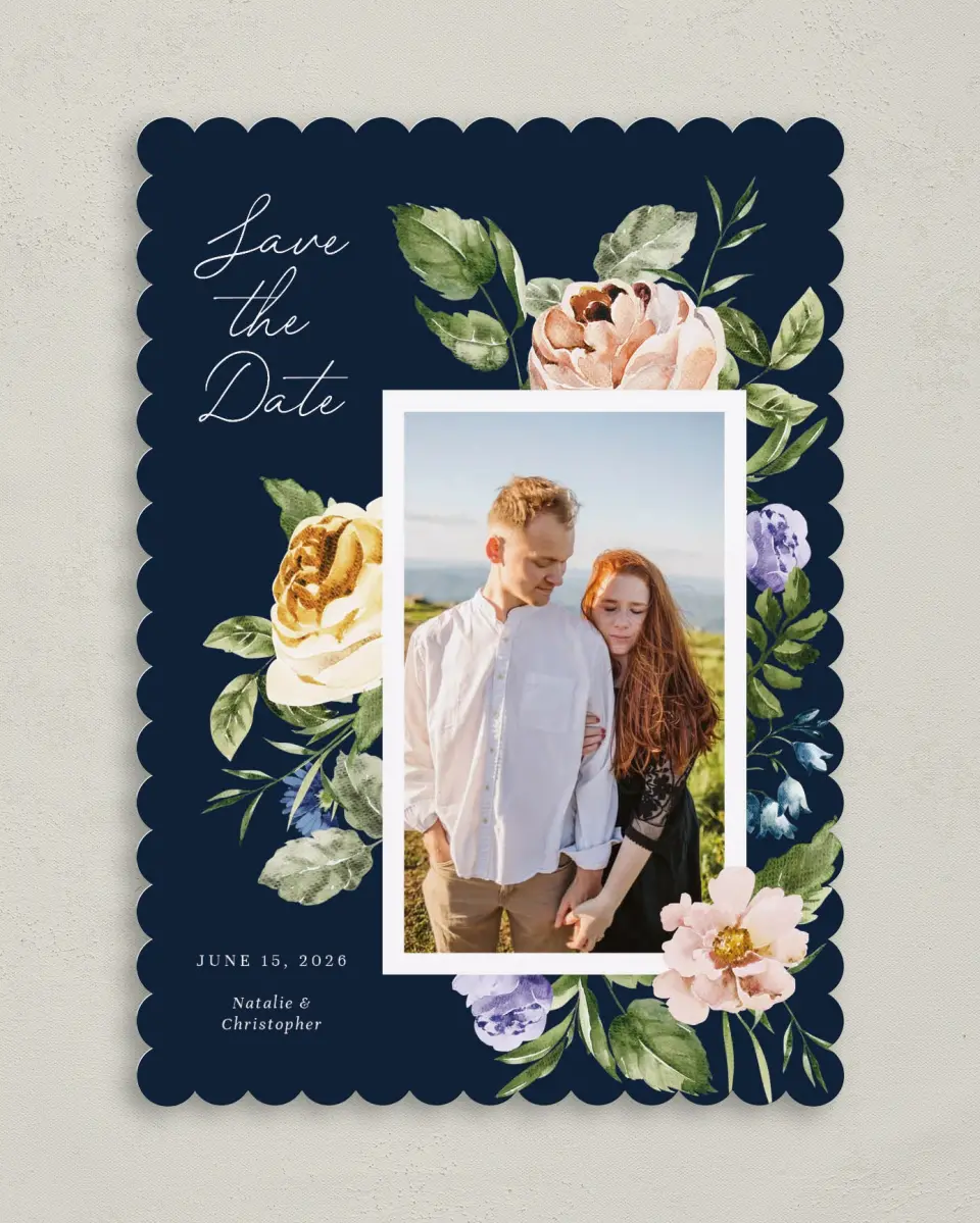 This is a 5" x 7" Save the Date Card called The Natalie printed in full color on Premium Smooth paper