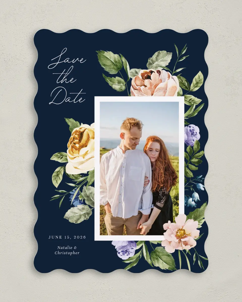 This is a 5" x 7" Save the Date Card called The Natalie printed in full color on Premium Smooth paper
