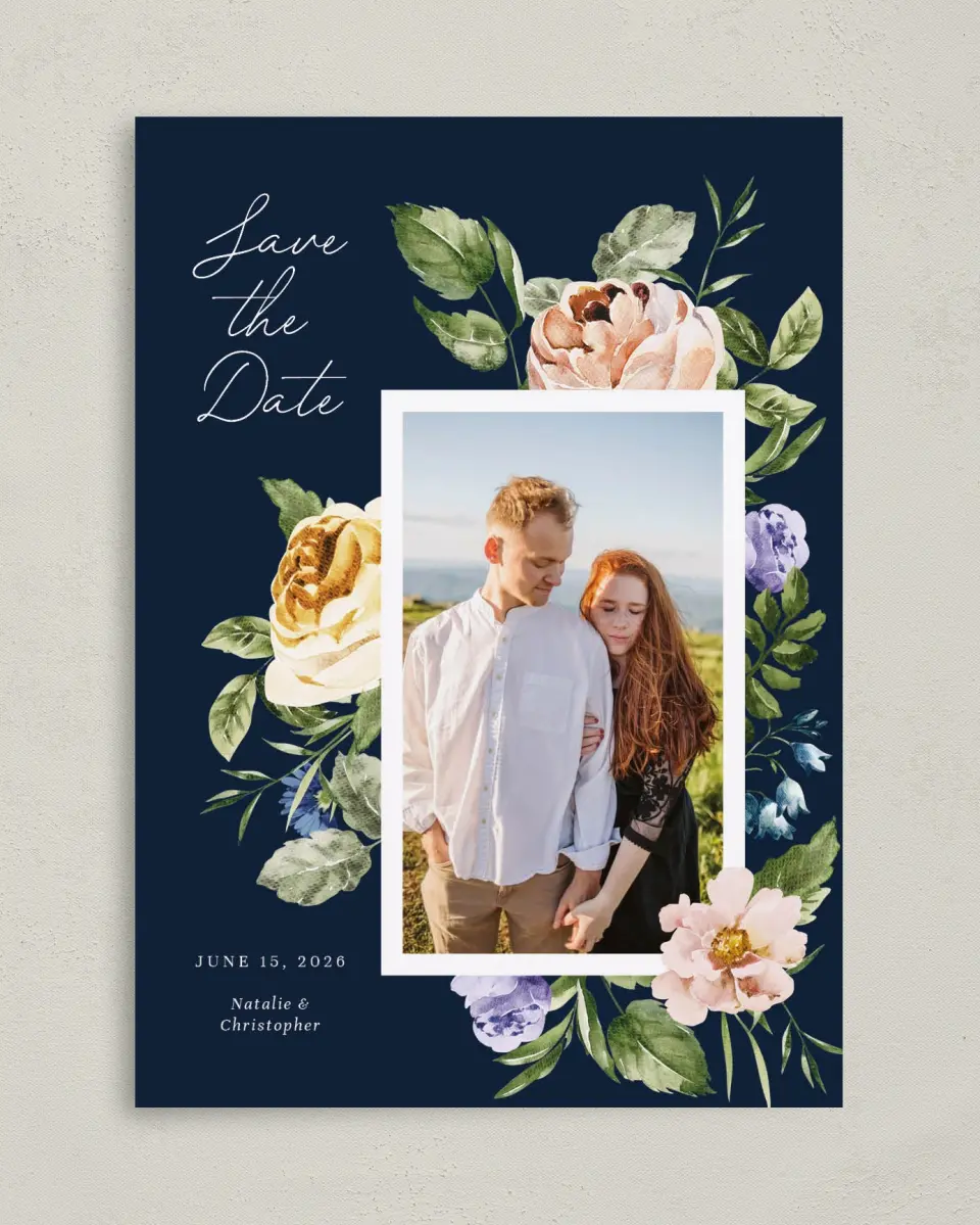 This is a 5" x 7" Save the Date Card called The Natalie printed in full color on Premium Smooth paper