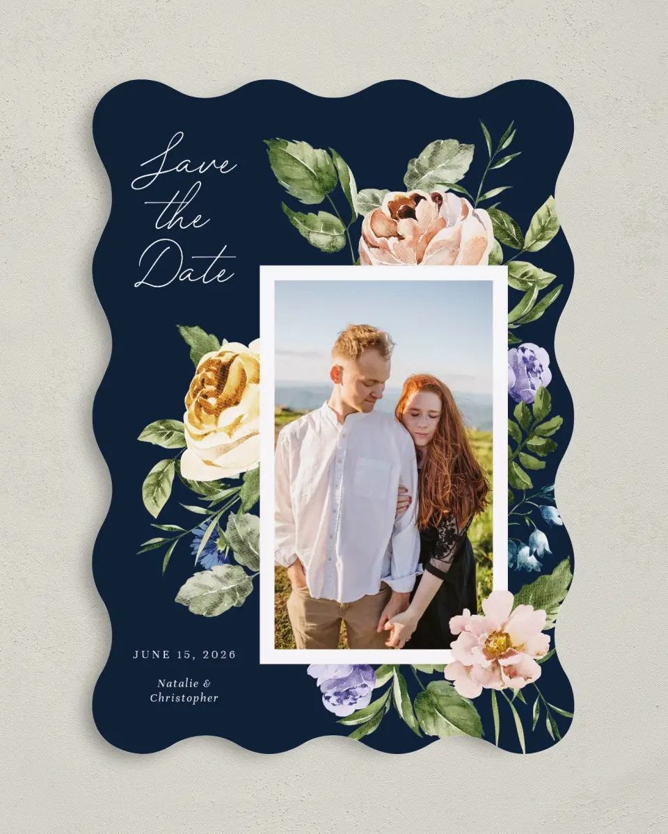 This is a 5" x 7" Save the Date Card called The Natalie printed in full color on Premium Smooth paper