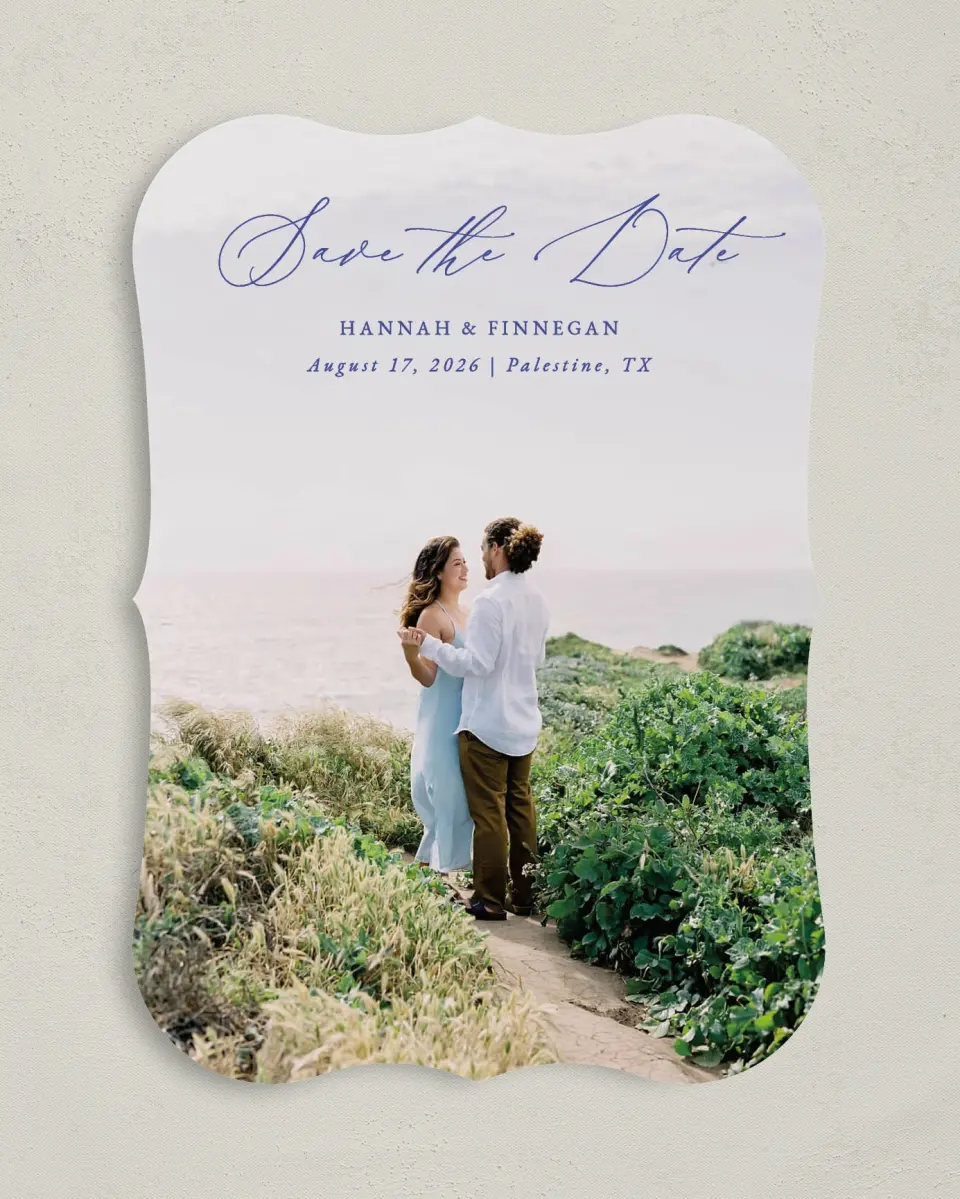 This is a 5" x 7" Save the Date Card called Modern Chinoiserie printed in full color on Premium Smooth paper